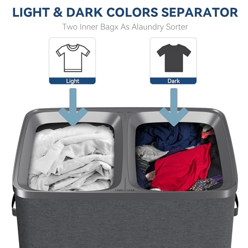 Dual Section 90 liter/23.8 gallon Laundry Hamper Separation Basket with lid, 2 Removable Washing Bags with Handles,Large Laundry Sorter for Easy Clothes Separation - Dark Gray - size: 2 Section,Dark Gray