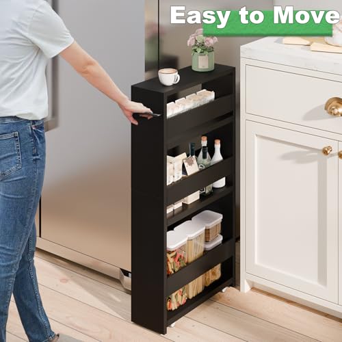 MARTY Slim Rolling Storage Cart 4-Tier Kitchen Cart with Wheels, Laundry Room Storage with Handle Slide Out Utility Cart Shelving Unit Organizer Trolley for Narrow Places Bathroom Small Corner, Black - color: All Black, size: 5.51"D x 15.75"W x 31.5"H