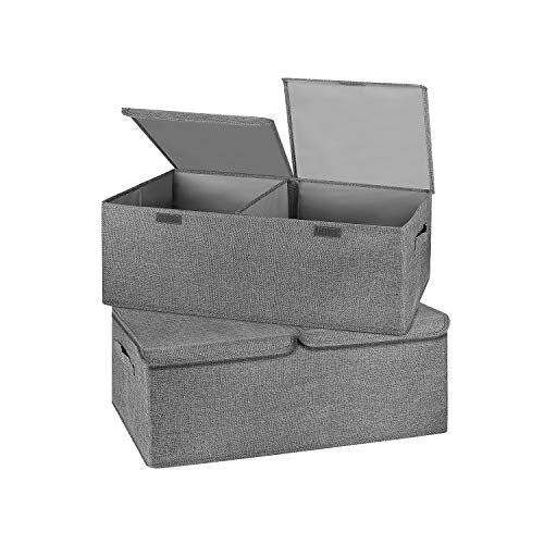 2 Pack Storage Boxes with Lids and Handles, Collapsible Linen Storage Bins Organizer Containers Baskets Cube with Removable Divider for Home Bedroom Closet Office (Grey, Small) - color: Grey, size: Small