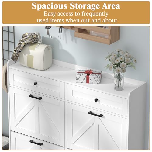 Thacuok Shoe Cabinet with 4 Flip Drawers & 2 Storage Drawers, Rustic Farmhouse Narrow Shoe Organizer Cabinet, Slim Shoe Rack Cabinet, Shoe Storage Cabinet for Entryway, Hallway, Front Door - color: White, size: 4 Drawers