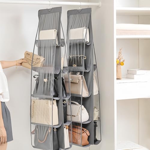 HAN SHENG 10 Pockets Clear Handbag & Purse Organizer Hanging Bag Storage - Space Saving Hanging Shelf for Closet, Wardrobe, Over Door (2 Pack, Grey) - color: Grey, size: 10 Pockets-2pcs