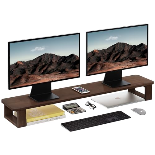 Ufine Dual Monitor Stand Riser 2 Heights Adjustable Wood Computer Monitor Stand Desktop Organizer, Large Monitor Stand for 2 Monitors, Laptop, TV, Printer