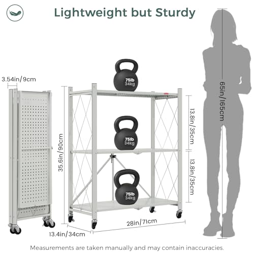 DEANIC 3 Tier Foldable Storage Shelves with Wheels, Kitchen Appliance Stand, Freestanding Metal Wire Shelf Rack, No Assembly Organizer Rolling Cart for Garage, Basement, Pantry(Grey) - color: Grey