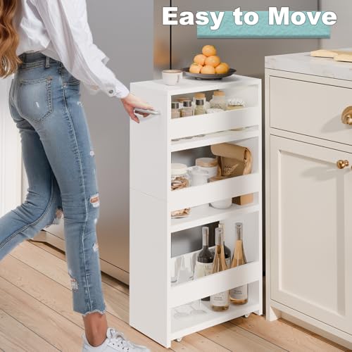 MARTY Rolling Storage Cart 7.9" W, 4-Tier Kitchen Cart with Wheels Handle, Slim Storage Cart Mobile Shelving Utility Carts for Bathroom Laundry Room Organization Narrow Places (All White) - color: All White, size: 7.9"D x 15.75"W x 31.5"H