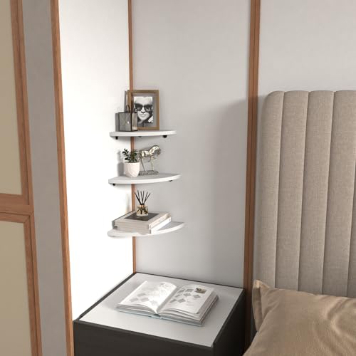HORLIMER Floating Corner Shelf Wall Mount, Set of 6 Rustic Wood Corner Wall Shelves for Bedroom, Living Room, Bathroom, Kitchen (White) - color: White - 6 Pack, size: Fan-Shaped