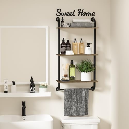 Tinpin Bathroom Shelves Wall Mounted, 3-Tier Rustic Wood Wall Shelf, 17.3 inch Industrial Pipe Floating Shelf for Bathroom,Kitchen,Bedroom,Living Room,Brown - color: Brown, size: 3 tier