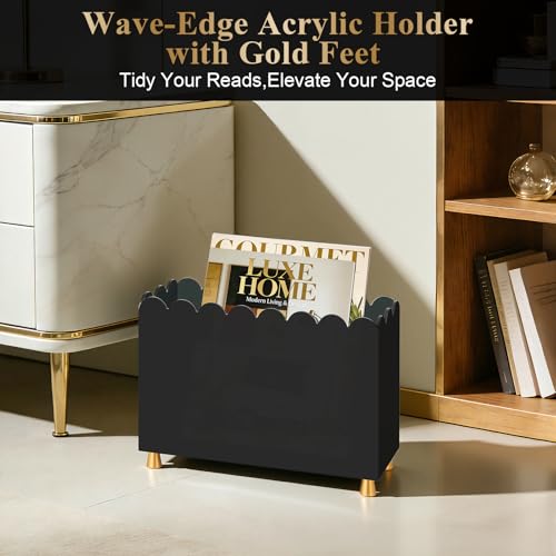 Acrylic Magazine Holder, Magazine Rack Floor,Sleek Black Stylish Organizer with Luxe Gold Metal Feet and Wave Edge Design Space Saving Storage for Books Newspapers Office Supplies,Home Office(Black) - color: Black