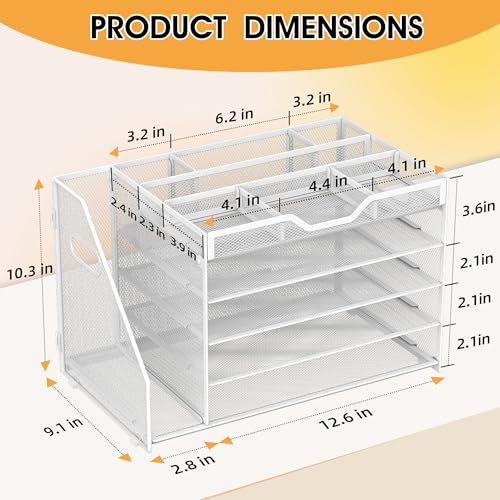 5 Tier Paper Letter Tray with File Holder and 3 Drop-in Pen Holders, Mesh Desk File Organizer with Handle, Desk Organizers and Accessories for School,Home, Office Supplies Storage-White - color: White, size: 15.4" x 9.1" x 10.3"