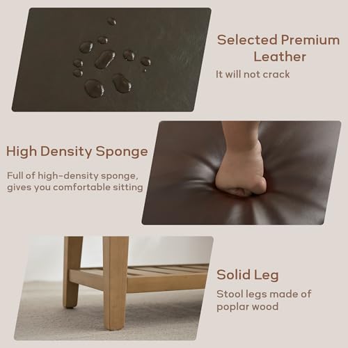 HUIMO Entryway Shoe Bench with Cushion, End of Bed Bench,Upholstered Bench for Kitchen, Bench with Solid Wood Shelf, Leather Ottoman Bench for Hallway, Living Room (PU-Brown) - color: Pu-brown