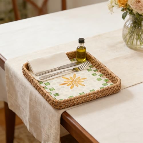 Rattan Serving Tray with Mother of Pearl Inlay, Square Handmade Woven Storage Basket Decorative Tray for Home Decor, 8.3"x8.3" - color: Green Grid Yellow Leaves, size: 8.3" x 8.3" x 1.6"