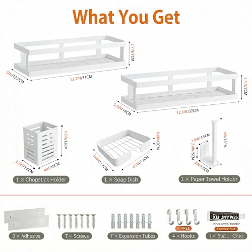 PUSDON 5-in-1 Shower Caddy & Kitchen Organizer Set, Wall Mount Wide Spice Rack with Paper Towel Holder, Utensil Holder, Soap Dish, Rustproof Mesh Baskets Hold 50LBS - White, Guardrail - color: White, size: 5-in-1 Minimalist (12.6" Wide)