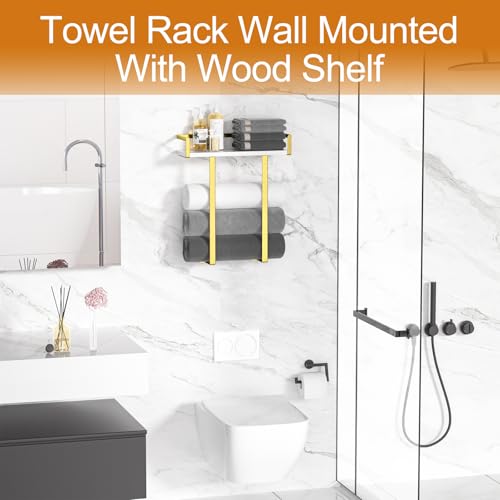Towel Racks for Bathroom Wall Mounted, Metal Towel Holder with Wooden Shelf for Folding Large Towels, Towel Storage for Small Bathroom Organizer Decor or RV Camping,Golden - color: Golden, size: Small