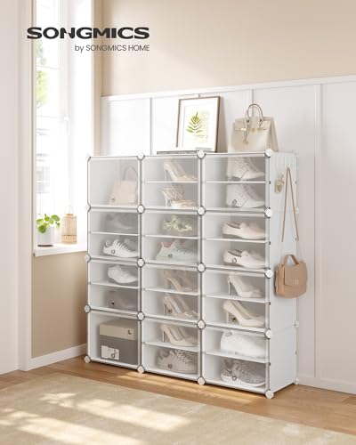 SONGMICS Shoe Rack Organizer, 12-Tier Shoe Storage Cabinet for Closet and Entryway, Holds 48 Pairs of Shoes, Adjustable, Cloud White and Trasparent ULPC040W01 - color: Cloud White + Trasparent, size: 12 Cubes
