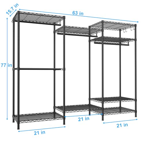 Ulif E13 Heavy Duty Clothes Rack（With 4 Hanger Rods & 8 Shelves） Freestanding Clothing Racks for Hanging Clothes，Adjustable Closet Organizer，Metal Garment Rack 63" W x16 D x77 H，Max Load 900LBS，Black - color: Black, size: E13