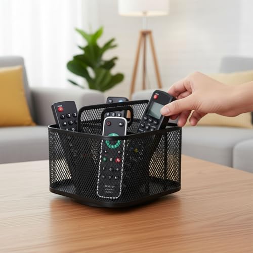 360° Rotating Remote Control Holder, Metal Mesh 5 Compartments Remote Caddy with Handle for Desk or Nightstand Storage, Space-Saving Desk Organizer Style Supply Organizers for Office Desk Accessories
