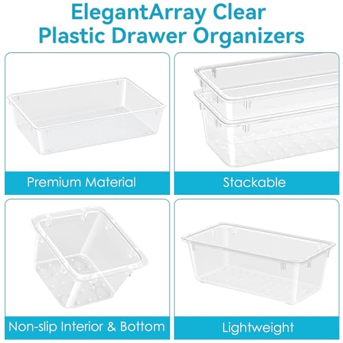 ElegantArray 12 PCS Drawer Organizer Set, 4 Sizes Tool Storage Trays, Clear Plastic Makeup Vanity Organizer and Storage Bins for Makeup, Stationeries, Multiple Gadgets for Bathroom, Office, Bedroom - color: Milky, size: 12 PCS