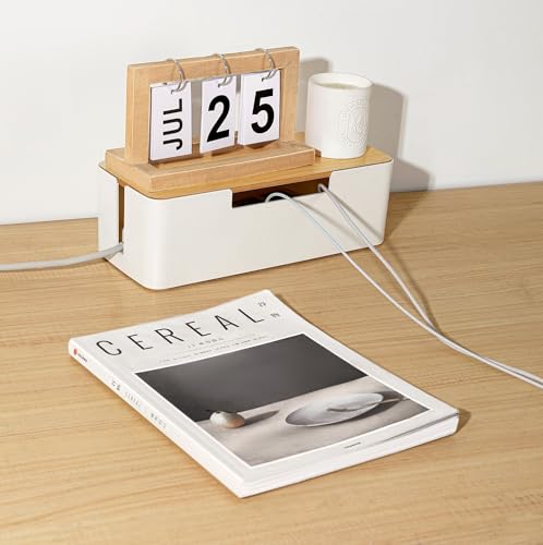 ABS Cord Organizer Box with Wooden Lid, Cable Management Box for Power Strips or Surge Protectors, Desk Cable Tidy Box for Office Home(White) - color: White