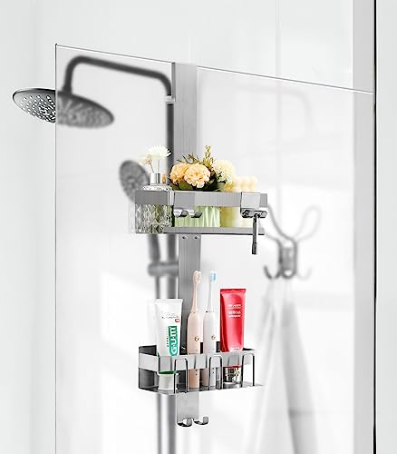 Emibele Over The Door Shower Caddy 2 Tier, 304 Stainless Steel Hanging Shower Caddy Rustproof Shower Shelves, No Drilling Hanging Shower Organizer for Bathroom Glass Door, Silver - color: Silver, style: 2-Tier