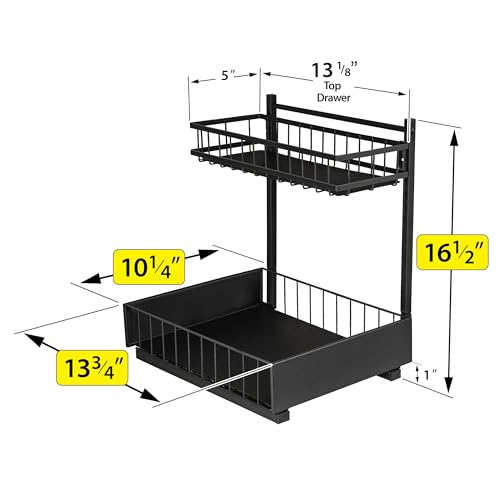 LYNK PROFESSIONAL® Pull Out Under Sink Kitchen Cabinet Organizer - 10" W x 14" D 2-Tier Drawer - Sliding Shelf Organizer for Cabinets and Undersink Storage Shelves - Lifetime Ltd. Warranty – Black - color: 10"W x 14"D Black