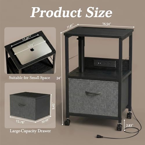 Faesun Swivel Lift Top Nightstand with Charging Station, Rolling Side Table for Recliner, Bedside Table with Wheels & a Fabric Drawer, for Small Spaces, for Bedroom, Living Room, Black Gray - color: Black Gray, size: 1 Drawer
