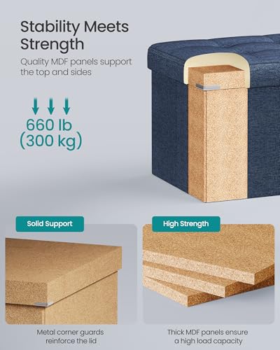 SONGMICS MAZIE Collection - 43 Inches Folding Storage Ottoman Bench, Ottoman Foot Rest, End of Bed Bench, Storage Chest, Load 660 lb, for Living Room, Bedroom, Entryway, Midnight Blue ULSF77IN - color: Midnight Blue, size: 15"D x 43"W x 15"H
