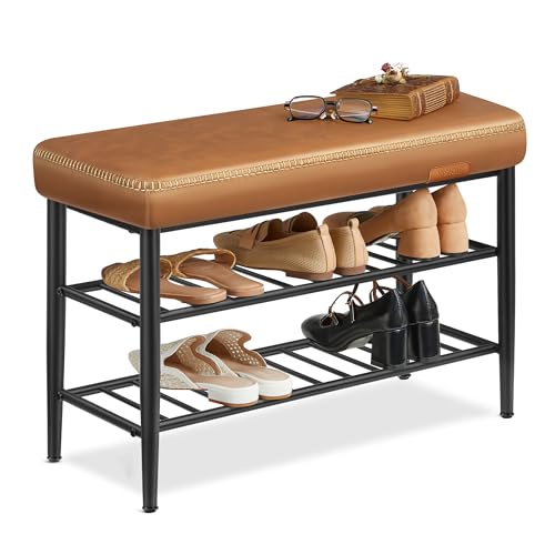 VASAGLE EKHO Collection - Shoe Rack Bench, Storage Bench for Entryway, Synthetic Leather with Stitching, Mid-Century Modern, Loads 300 lb, 11.8 x 31.5 x 19.7 Inches, Caramel Brown ULSB054K01 - color: Caramel Brown, size: 31.5"W