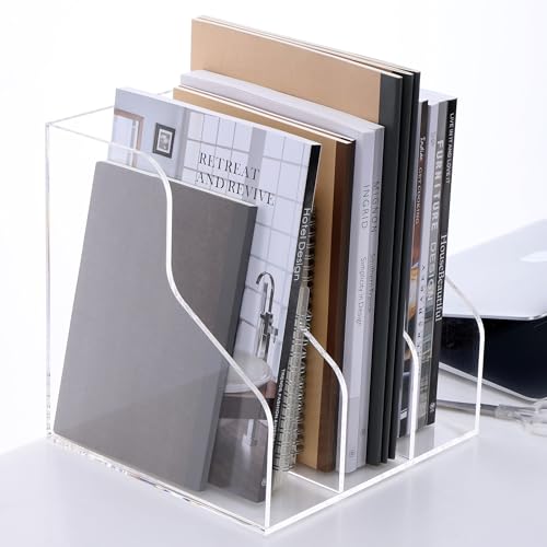 HeZone Desk File Organizer, Acrylic Magazine File Holder with 3 Vertical Compartments Rack File Sorter for Office Home Classroom Desk Organization, Clear… - style: 3 slots-A4