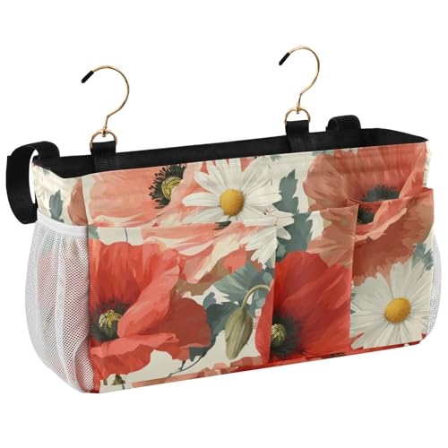 Bedside Caddy Metal Frame Hanging Organizer Bunk Bed Dorm Accessories Hook And Loop Storage Bag Large Pockets Beige Poppy Chamomile - color: Beige Poppy Chamomile