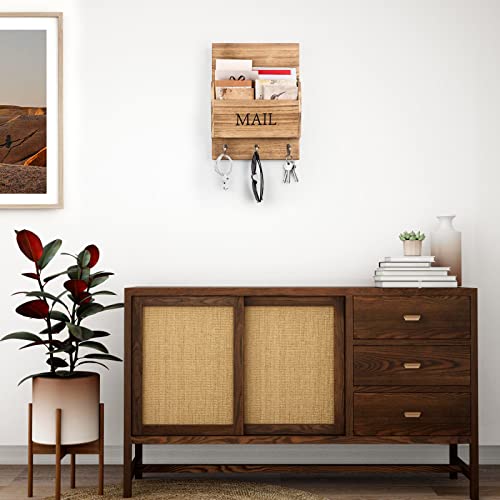 DLQuarts Mail Organizer with Key Holder for Wall Decorative Mail Sorter Wall Mounted, Wooden Mail Holder with 3 Hooks, Carbonized Brown - color: Carbonized Brown