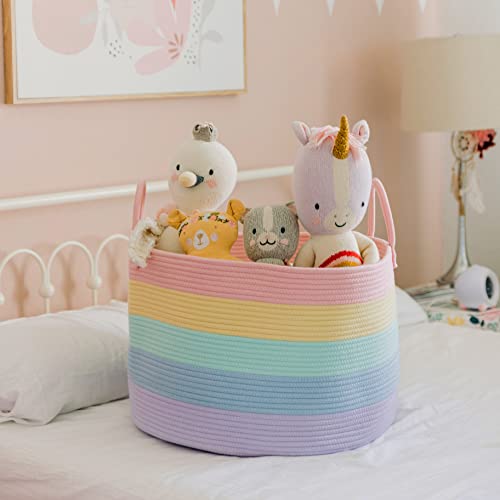 OrganiHaus Rainbow Blanket Basket for Classroom & Nursery, Extra Large Woven Laundry Basket w/Handles, Kids Toy Organizer & Storage, Soft Round Dog Toy Storage Bin, Cute Bin - 20"x13" in - color: Rainbow Pastel, size: Wide