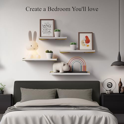 BAYKA Wall Shelves for Bedroom Decor, Floating Wall Shelves for Living Room Kitchen Storage, Wall Mounted Rustic Wood Shelves for Kids Books,Corner Shelves for Bathroom(White and Gold，Set of 3) - color: B. White Board & Gold Brackets, size: 16-inch Mixed