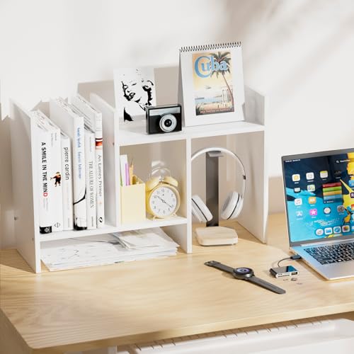 Desk Shelves Wood Desktop Orgnizer Shelf. Office Organization for Top of Desk Organizers and Accessories Bookshelf Shelving,Adjustable Tier H-Shape Mini Bookcase(White) - color: White