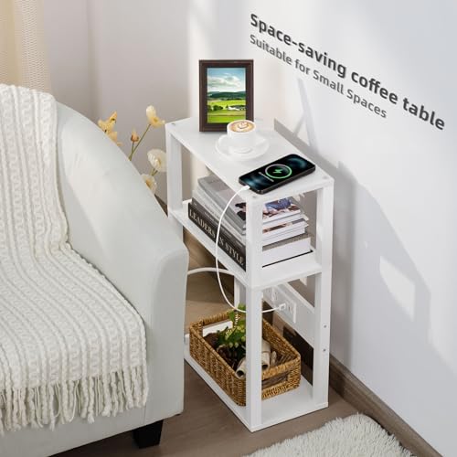 YUFAM 3-Tier Small Narrow Wood Side Table with Charging Station, Skinny Nightstand for Small Space, Slim Bedside Table with Storage for Couch, Thin End Table with USB Ports and Outlets, White - color: White, size: 1 Pack