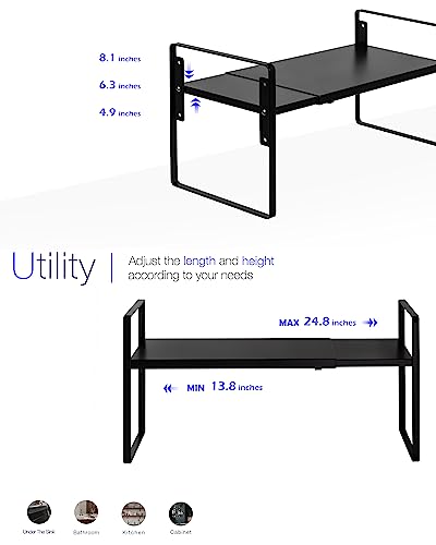 Nxconsu Cabinet Shelf Expandable Height Adjustable Organizer Riser for Kitchen Cabinet Pantry Cupboard Under Sink Countertop Organization Storage Space Saver Stackable Heavy Duty Metal Black XL - color: Black, size: 10.3’’D * 13.8-24.8’’W * 9.7’’H