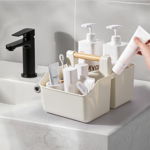 rejomiik Portable Shower Caddy Basket with Bamboo Handle, Plastic Cleaning Caddy Bathroom Organizer Tote for College Dorm Essentials, Bath Toy Storage, Cream - color: Cream