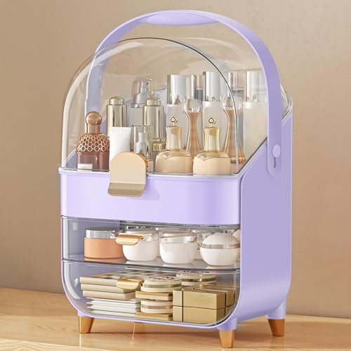 Anylady Makeup Organizer Countertop, Skincare Holder Bathroom Counter Organizer, Storage Box Cosmetic Display Cases, Teen Girl Gifts Make up Organizers for Vanity, Dresser - color: Purple