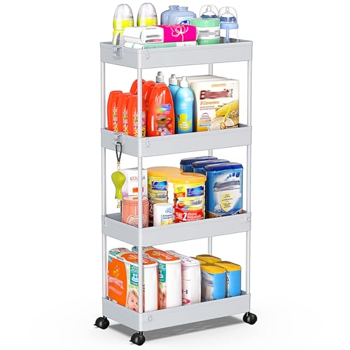 SPACEKEEPER Storage Cart, 4-Tier Mobile Shelving Unit, Bathroom Rolling Cart Utility Storage Organizer Shelf for Kitchen Living Room Bathroom Laundry Room & Dressers, Gray - color: Grey, size: 4 Tier