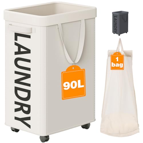 Optish Laundry Basket with Wheels, 90L Rolling Laundry Hamper with Wheels, Large Clothes Hamper on Wheel with Removable Mesh Bag for Bedroom, Bathroom, Dorm, White - color: White