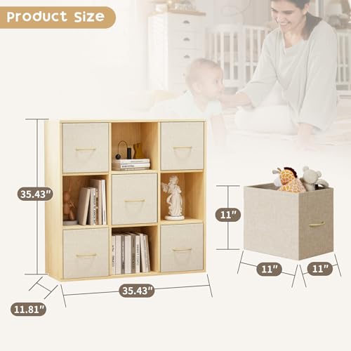 9 Cube Storage Organizer - Solid Wood Bookshelf with 5 Storage Bins, Cube Shelf with 3 Removable Back Panels, Vertical or Horizontal Bookcase, Open Book Shelf for Bedroom, Living Room, Office - size: 9 Cube Shelf