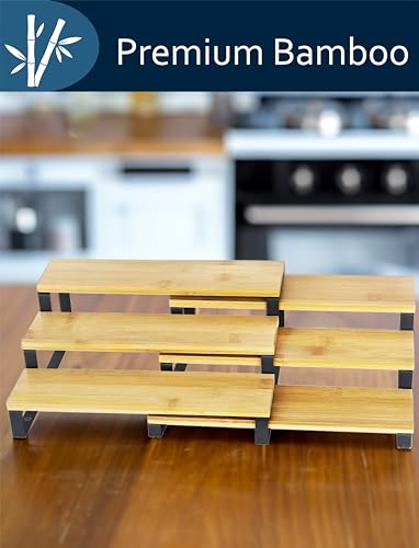 RoyalHouse Bamboo and Metal Expandable Spice Rack Organizer, Cabinet Shelf Organizers, 3-Tier Adjustable Kitchen Cabinet, Countertop Display Shelf, Space Organizer for Kitchen and Bathroom - color: Bamboo and Metal Spice Rack Pack of 1