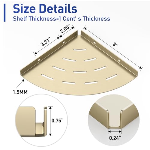 2 Pack Corner Shower Shelves Load Capacity 40 lbs 304 Stainless Steel Shower Corner Shelf Will not Rust 8in Shower Shelf for Inside Shower Brushed Gold Drilling Installation - color: Brushed Gold