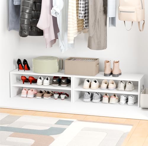 Whitmor Stackable 28" Extra Wide 2-Shelf Storage Organizer,Stackable Wood Combination Shoe Organizer Racks Shelves for Closets, Entryway, Hallway, Garage, White - color: White, size: 28 INCH