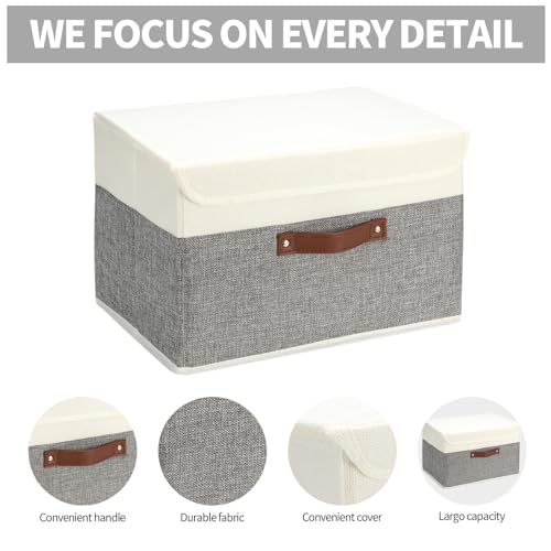 SAMORADREA 8 Pack Storage Bins Foldable Storage Boxes Fabric Storage Box with Lid & Handle Large Washable Organizer Bulk for Office, Home, Books, Clothes, Bedroom, Closet, (15INx10INx10IN White/Grey)