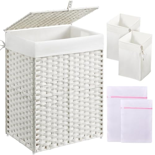 Greenstell Laundry Hamper with Lid, 90L Clothes Hamper with 2 Removable Liner Bags & 2 Mesh Laundry Bags, Handwoven Synthetic Rattan Laundry Basket for Clothes, Toys in Bathroom, Bedroom White - color: White, size: 90L (18.1 x 13.0 x 23.6 inches)