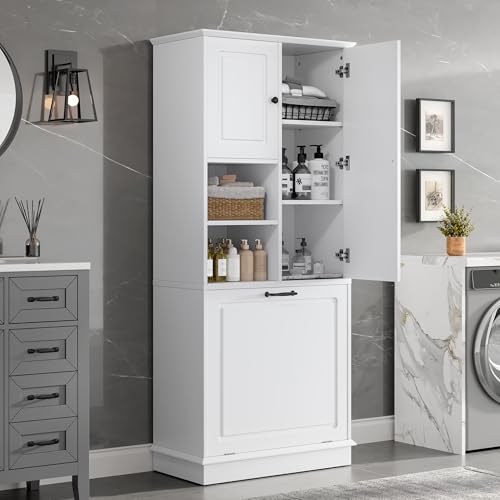 Virubi Tall Laundry Cabinet with Tilt Out Hamper, Wood Tall Laundry Room Cabinets with Doors, and Adjustable Shelves, for Bathroom Storage Organization, Freestanding, White - color: White, size: 29.9"x14.2"x67.7"