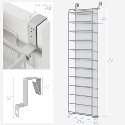Whitmor 36 Pair Over The Door Shoe Organizer, 12 Tier Hanging Shoe Organizer, Heavy Duty Metal & Mesh Shoe Holder, Hanging Shoe Rack for Closet Organizer & Storage, 69"L x 21.7"W x 7.5"H, Grey - color: Grey, size: Shoe Rack