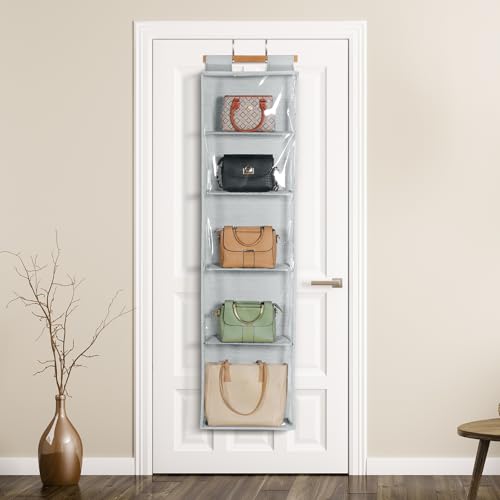 Syeeiex Hanging Handbag Purse Organizer with Zippers, 5 Mesh Shelves,Clear Slubbed Fabric+PVC Hanging Closet Bag Organizer, Dustproof Handbag Closet Tote Storage Bag for Door, Wardrobe, Shelf Rack - color: Grey-5 Shelves
