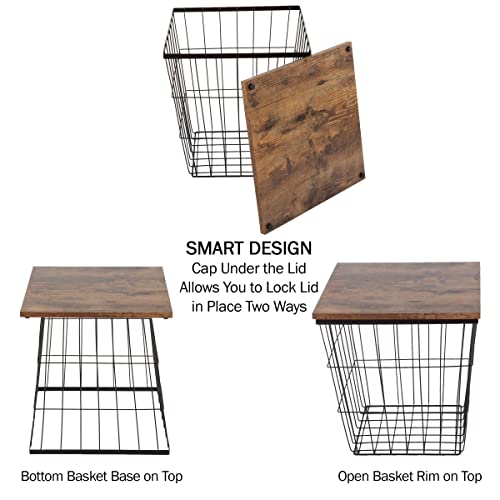 End Tables Set of 2 - Nesting Tables with Removable Wood Tops and Metal Basket Bases for Blanket Storage - Square Side Furniture for Living Room, Bedroom, or Home Office by Lavish Home (Brown) - color: Brown Square 2