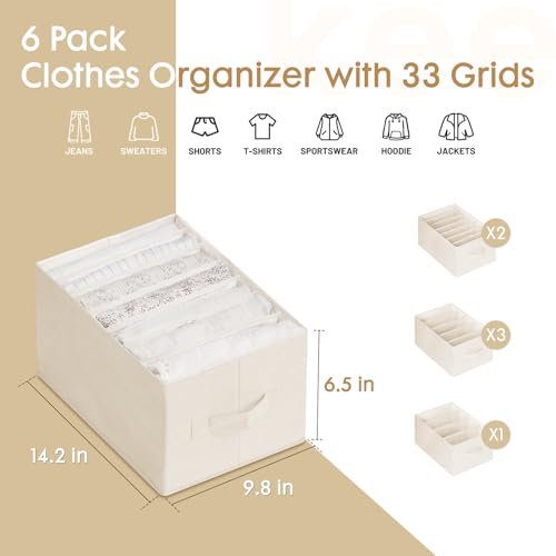 Criusia 6 Pack Large Clothes Organizer, Wardrobe Closet Organizer and Storage with Handles, Foldable Fabric Closet Organizers Dividers for Clothing, Pants, Jeans, Sweater, T-shirts, Beige - color: Beige