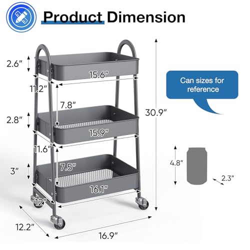 OLIXIS Metal 3 Tiers Utility Rolling Cart, Mobile Storage Shelf with Lockable Caster Wheels, Organization for Livingroom, Bathroom & Narrow Places, Gray - color: 3-tiered Gray, size: 3-Tiered 17 inches